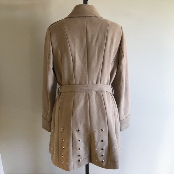White House Black Market Eyelet Studded Coat Belted Jacket Tan Gold Size Large - Picture 2 of 13